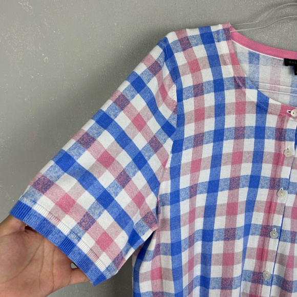 Talbots size L short sleeve lightweight cardigan navy pink check cotton blend - Picture 3 of 10